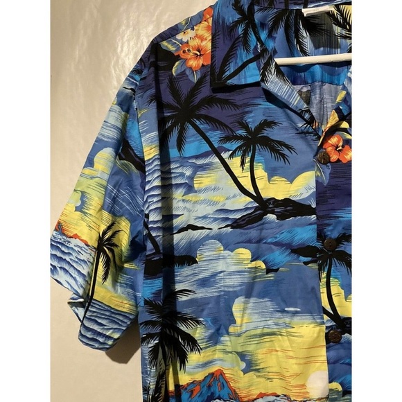Palm Wave Button Up Shirt Men's Size 2XL XXL Short Sleeve Blue Hawaiian Cotton - Picture 5 of 6
